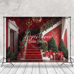 Aperturee - Aperturee White Red Stairs Leaves Gifts Christmas Backdrop