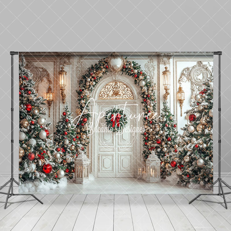 Aperturee - Aperturee White Retro Door Snowy Christmas Tree Decor Backdrop