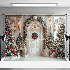 Aperturee - Aperturee White Retro Door Snowy Christmas Tree Decor Backdrop