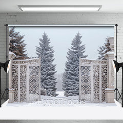 Aperturee - Aperturee White Retro Gate Snowy Forest Winter Photo Backdrop