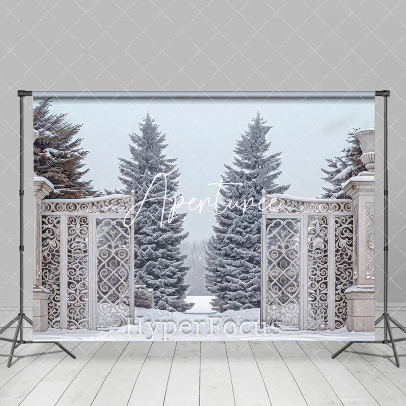 Aperturee - Aperturee White Retro Gate Snowy Forest Winter Photo Backdrop