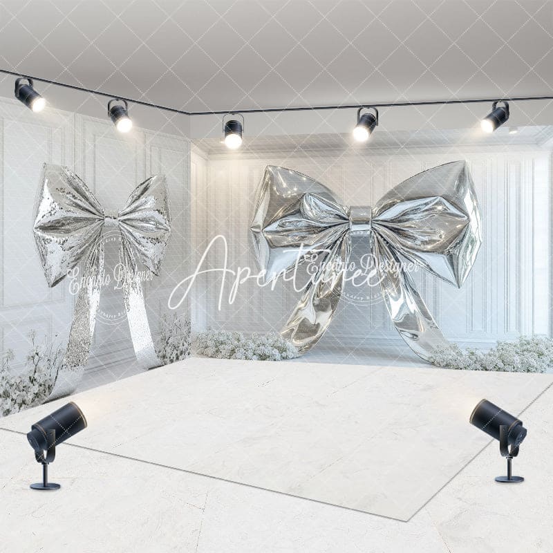 Aperturee - Aperturee White Retro Wall Silver Bow Floral Room Set Backdrop