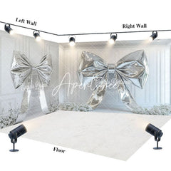 Aperturee - Aperturee White Retro Wall Silver Bow Floral Room Set Backdrop