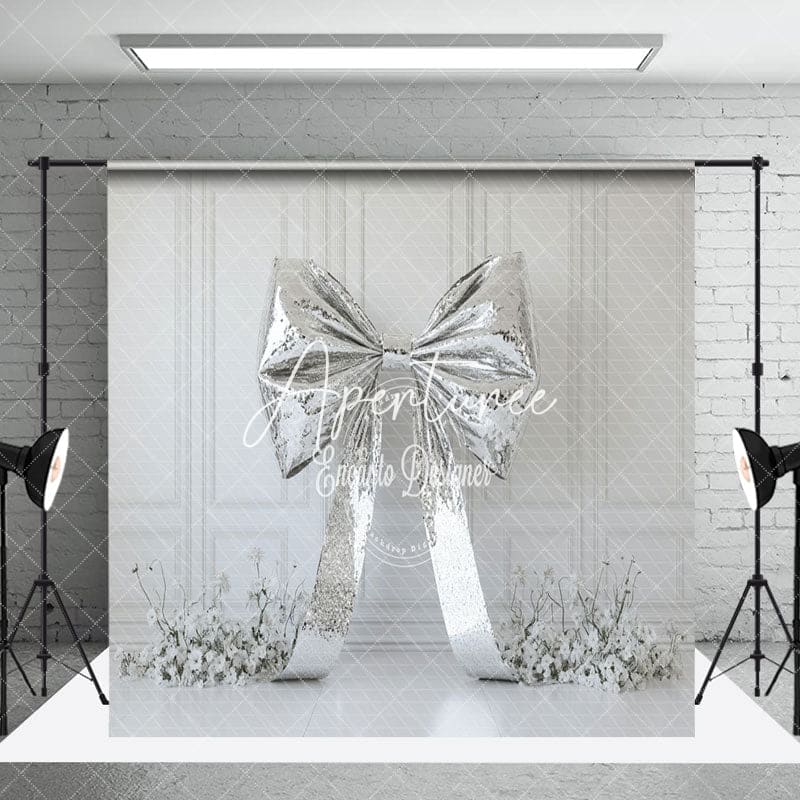 Aperturee - Aperturee White Retro Wall Silver Bow Floral Room Set Backdrop