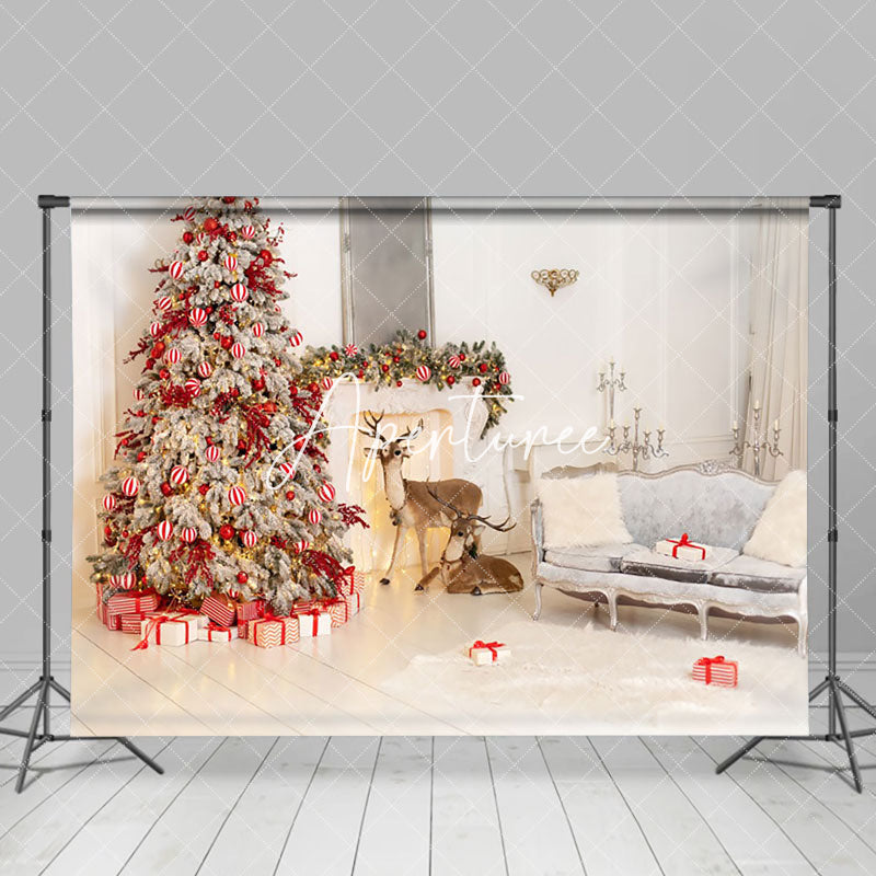 Aperturee - Aperturee White Room Elk Sofa Pine Tree Christmas Backdrop