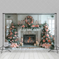 Aperturee - Aperturee White Room Pink Bow Tie Rose Tree Christmas Backdrop