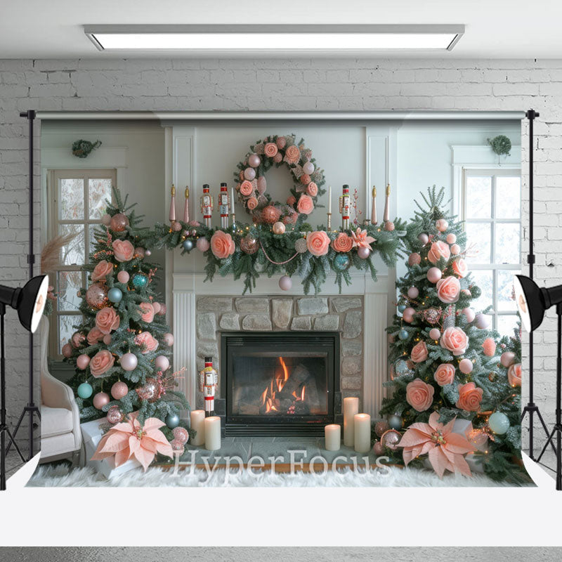 Aperturee - Aperturee White Room Pink Bow Tie Rose Tree Christmas Backdrop