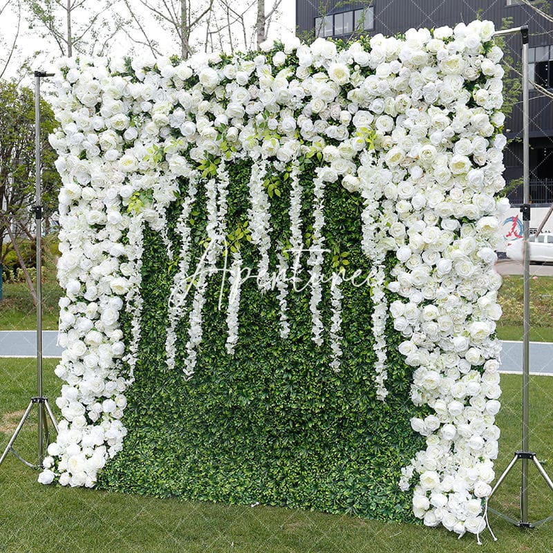 Aperturee - Aperturee White Rose Green Leaves Faux Floral Wall Backdrop