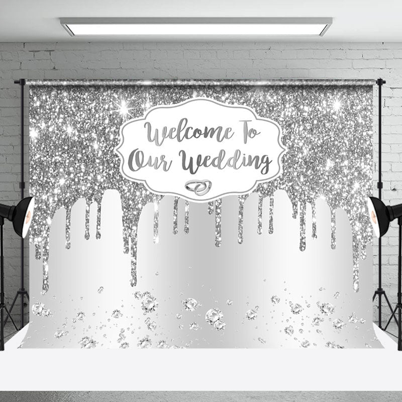 Aperturee - Aperturee White Silver Glitter Welcome To Our Wedding Backdrop