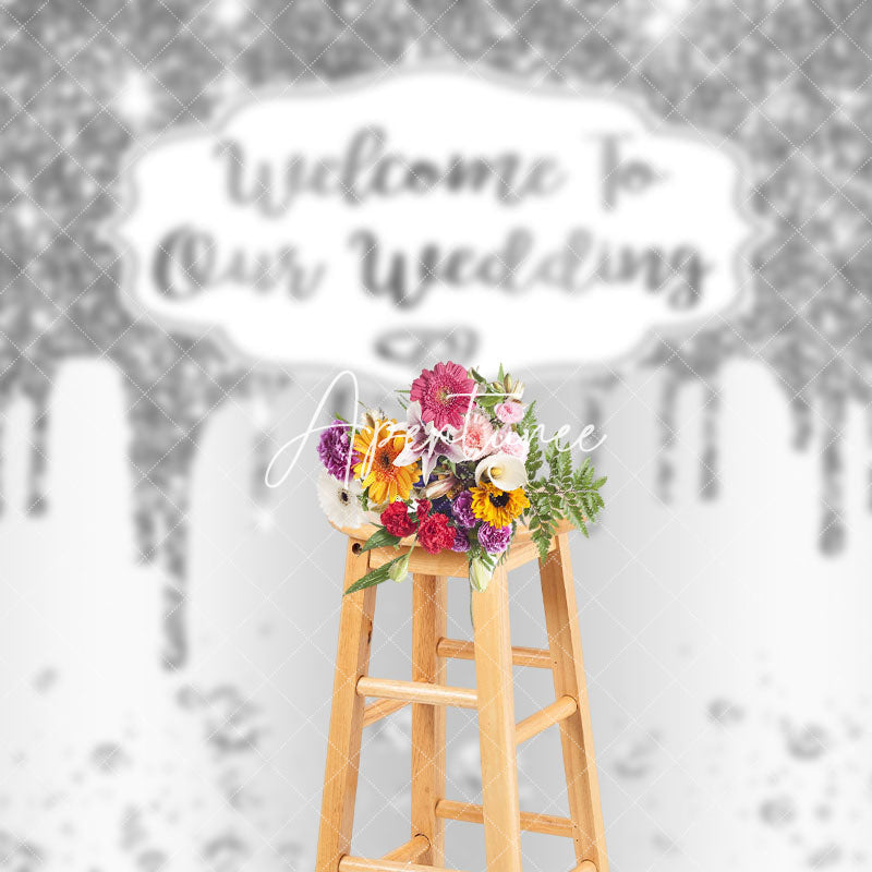 Aperturee - Aperturee White Silver Glitter Welcome To Our Wedding Backdrop