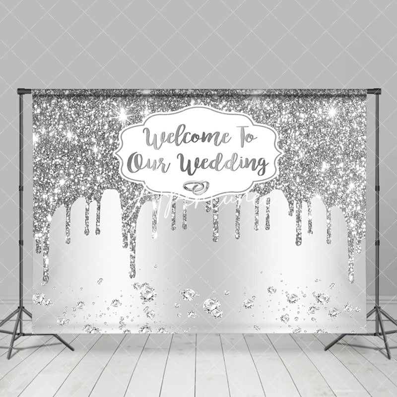 Aperturee - Aperturee White Silver Glitter Welcome To Our Wedding Backdrop