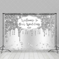 Aperturee - Aperturee White Silver Glitter Welcome To Our Wedding Backdrop