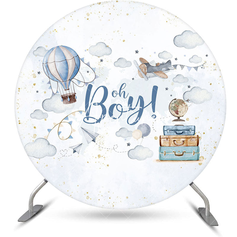 Aperturee - Aperturee White Sky Cloud Oh Boy Round Baby Shower Backdrop