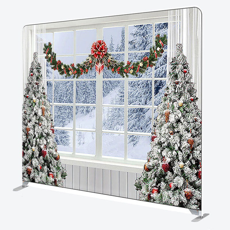 Aperturee - Aperturee White Snow Trees And Window Merry Christmas Backdrop