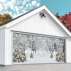 Aperturee - Aperturee White Snow Trees Fence Christmas Garage Door Banner