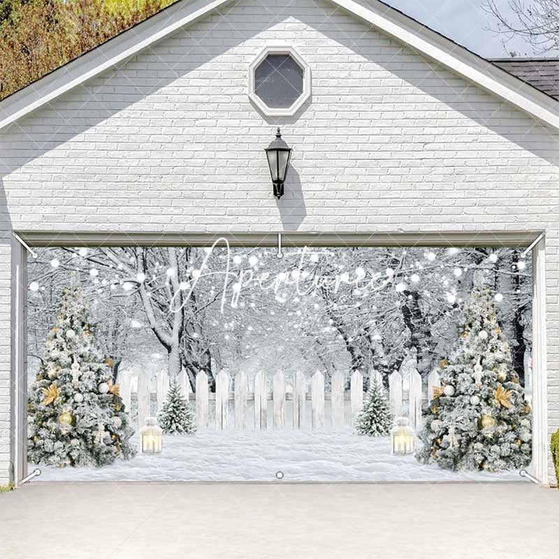 Aperturee - Aperturee White Snow Trees Fence Christmas Garage Door Banner