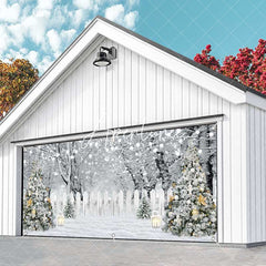 Aperturee - Aperturee White Snow Trees Fence Christmas Garage Door Banner