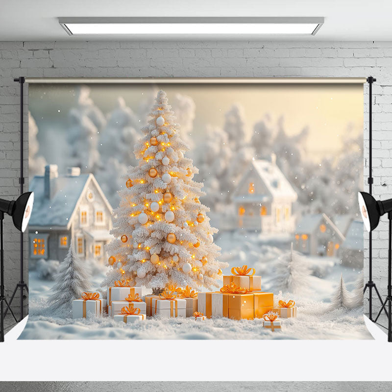 Aperturee - Aperturee White Snowy Field Town Gold Light Christmas Backdrop