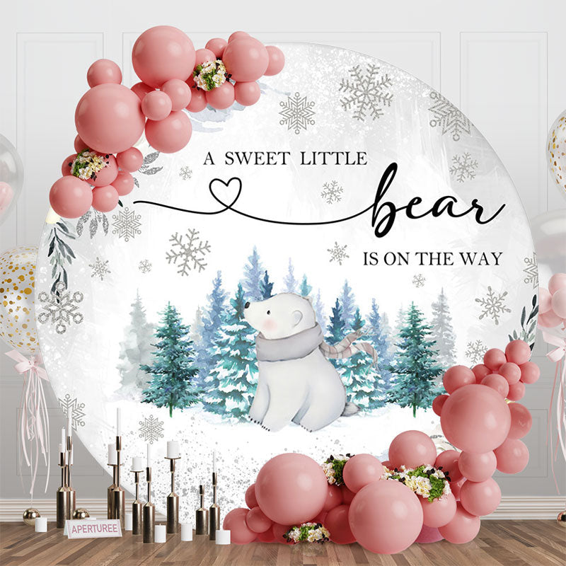 Aperturee - Aperturee White Snowy Forest Bear Round Baby Shower Backdrop