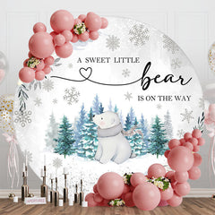 Aperturee - Aperturee White Snowy Forest Bear Round Baby Shower Backdrop