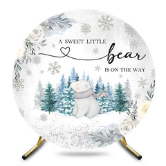 Aperturee - Aperturee White Snowy Forest Bear Round Baby Shower Backdrop