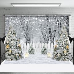 Aperturee - Aperturee White Snowy Forest Scene Fence Xmas Trees Backdrop