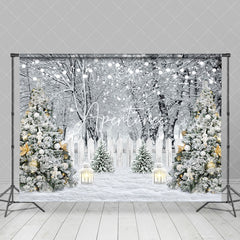 Aperturee - Aperturee White Snowy Forest Scene Fence Xmas Trees Backdrop