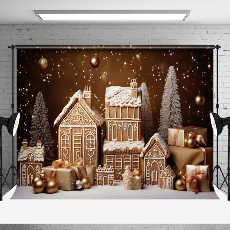 Aperturee - Aperturee White Snowy Gingerbread House Christmas Backdrop