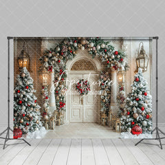 Aperturee - Aperturee White Snowy Luxury Door Christmas Trees Backdrop