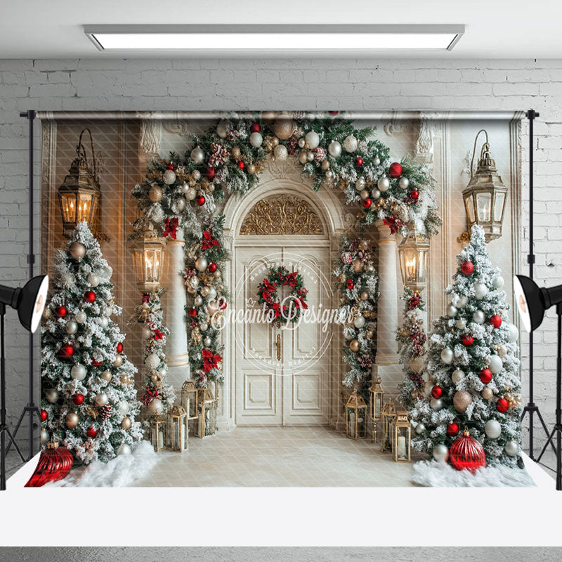 Aperturee - Aperturee White Snowy Luxury Door Christmas Trees Backdrop