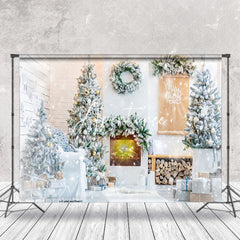 Aperturee - Aperturee White Snowy Room Pine Leaves Christmas Vibe Backdrop