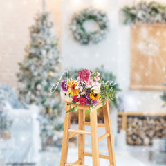 Aperturee - Aperturee White Snowy Room Pine Leaves Christmas Vibe Backdrop