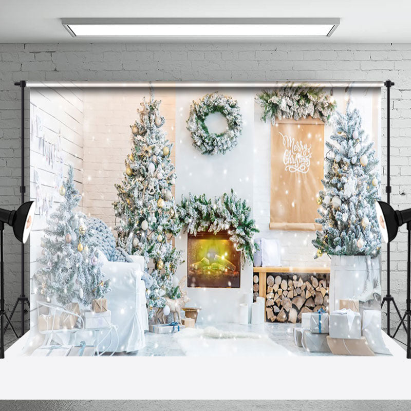 Aperturee - Aperturee White Snowy Room Pine Leaves Christmas Vibe Backdrop