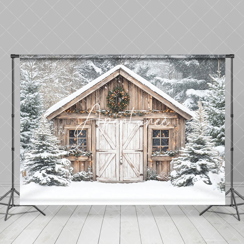 Aperturee - Aperturee White Snowy Wood Barn Forest Scene Christmas Backdrop