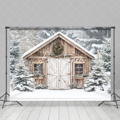 Aperturee - Aperturee White Snowy Wood Barn Forest Scene Christmas Backdrop