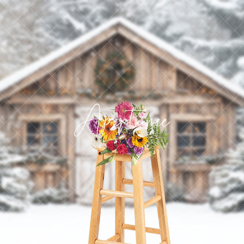 Aperturee - Aperturee White Snowy Wood Barn Forest Scene Christmas Backdrop