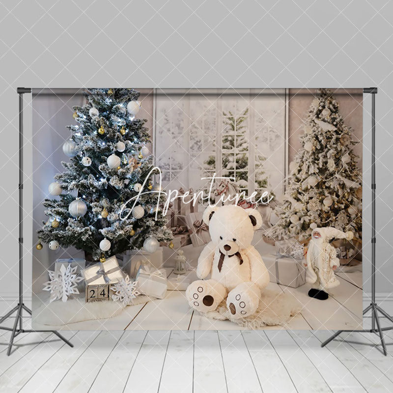 Aperturee - Aperturee White Teddy Bear Santa Room Christmas Tree Backdrop