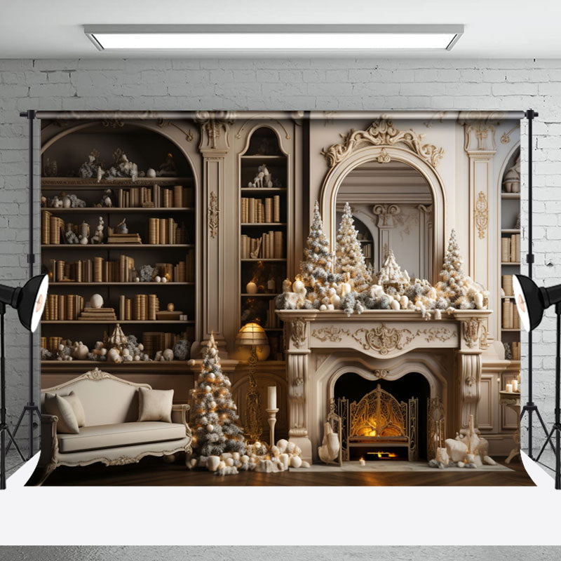 Aperturee - Aperturee White Vintage Bookshelf Fireplace Christmas Backdrop