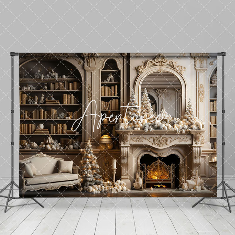 Aperturee - Aperturee White Vintage Bookshelf Fireplace Christmas Backdrop