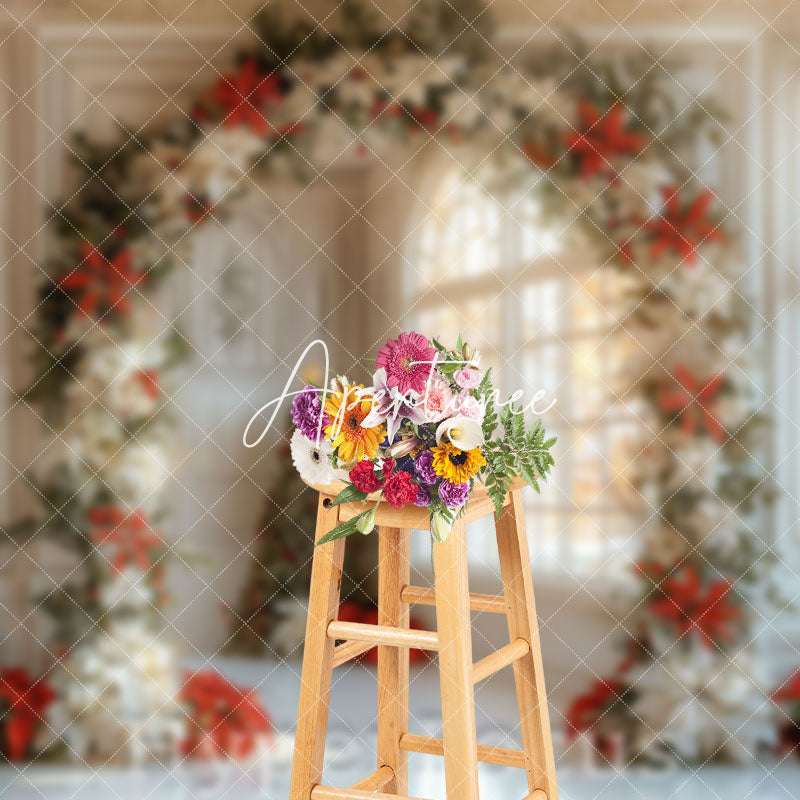 Aperturee - Aperturee White Vintage Room Floral Arch Christmas Backdrop