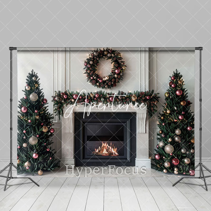 Aperturee - Aperturee White Vintage Wall Firepalce Christmas Tree Backdrop