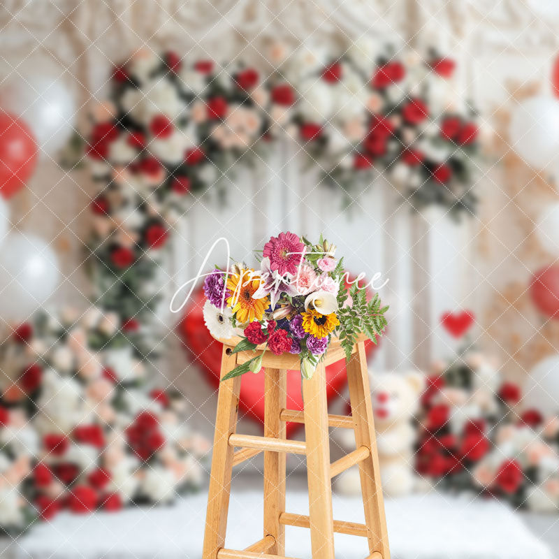 Aperturee - Aperturee White Vintage Wall Floral Balloons Bear Backdrop