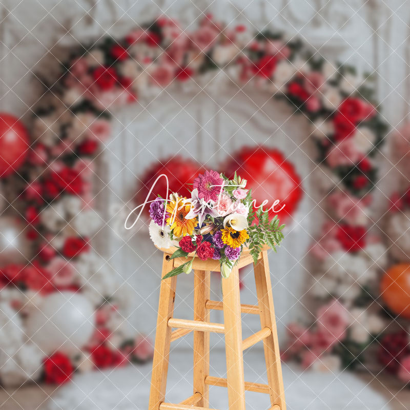 Aperturee - Aperturee White Vintage Wall Floral Balloons Romantic Backdrop