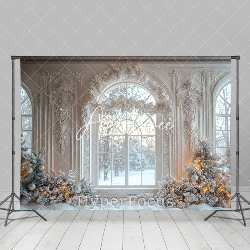 Aperturee - Aperturee White Vintage Window Snowy Scene Christmas Backdrop