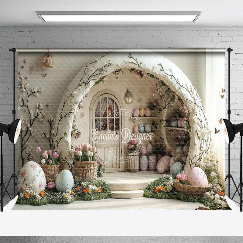 Aperturee - Aperturee White Wall Arch Hutch Eggs Floral Easter Backdrop