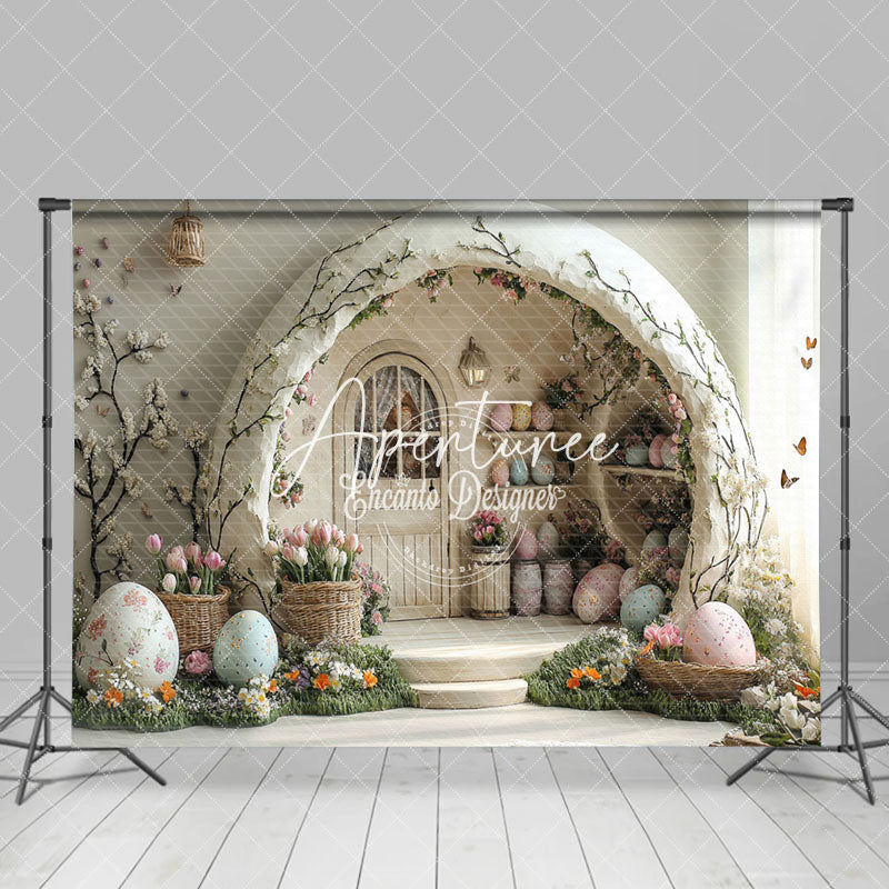 Aperturee - Aperturee White Wall Arch Hutch Eggs Floral Easter Backdrop