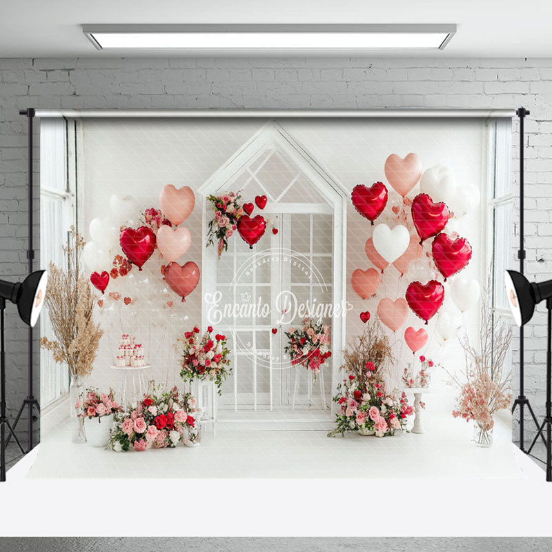 Aperturee - Aperturee White Wall Balloons Floral Valentines Day Backdrop