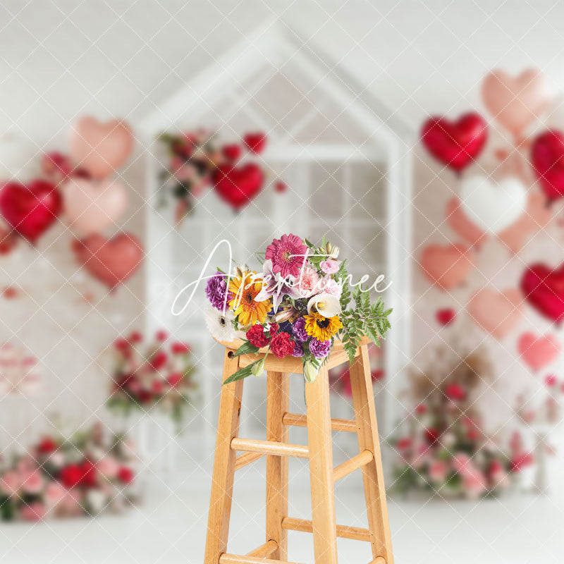 Aperturee - Aperturee White Wall Balloons Floral Valentines Day Backdrop