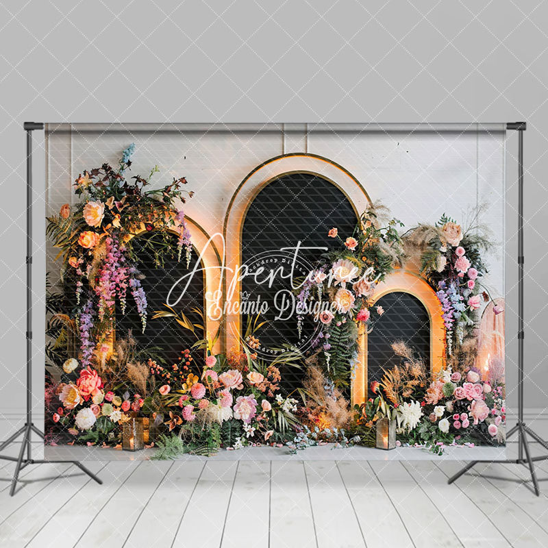 Aperturee - Aperturee White Wall Black Arch Floral Lighted Wedding Backdrop