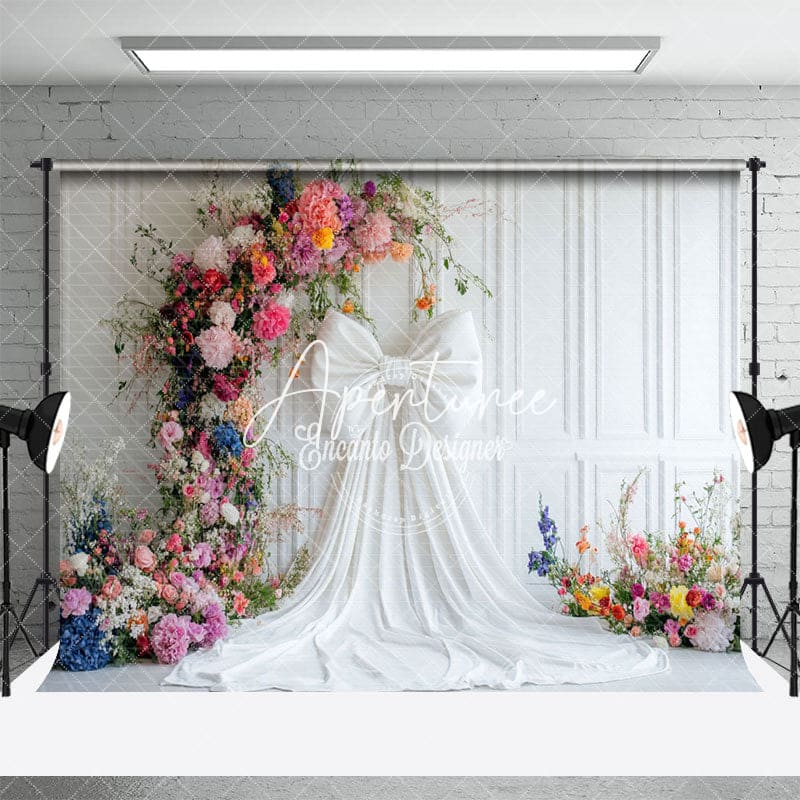 Aperturee - Aperturee White Wall Bow Colorful Floral Wedding Photo Backdrop